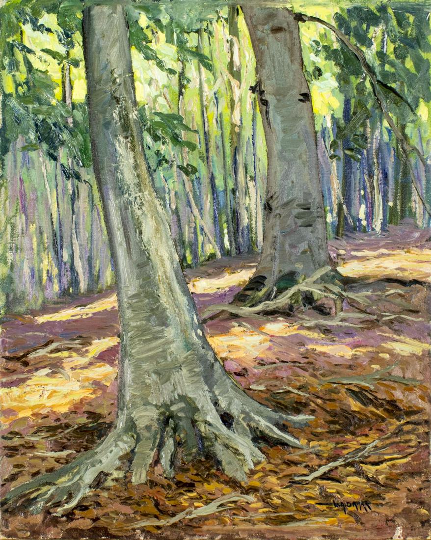 William A Drake (Canada,1891-1979) oil painting: ARTIST: William Alexander Drake (Canadian, 1891 - 1979) NAME: Forest Landscape MEDIUM: oil on canvas board CONDITION: Minor paint losses along lower edge. No visible inpaint under UV light. SIGHT SIZE