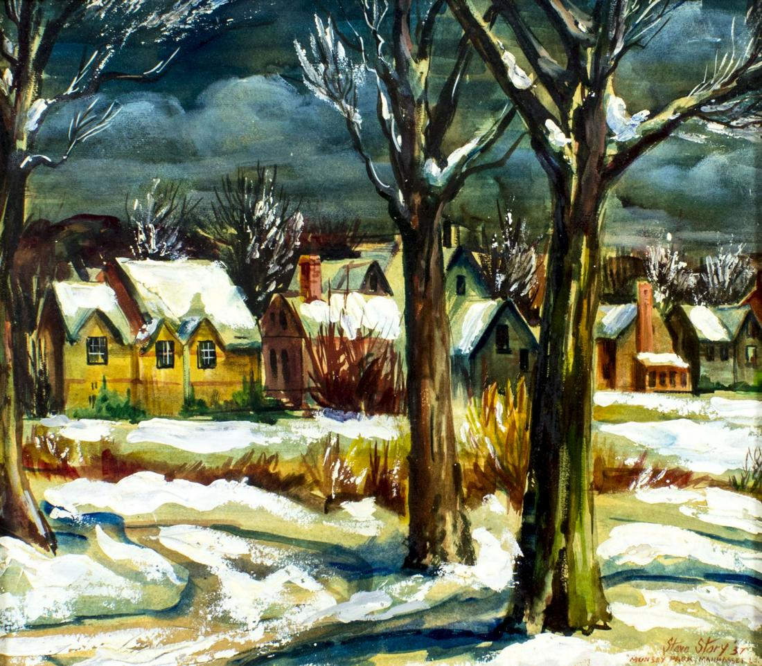 Stephen Story (NY,1915-1988) oil painting antique: ARTIST: Stephen S Story (New York, 1915 - 1988) TITLE: Landscape - Munsey Park, Manhasset, NY (titled on verso) YEAR: 1937 MEDIUM: oil on board CONDITION: Very good. No visible inpaint under UV light.