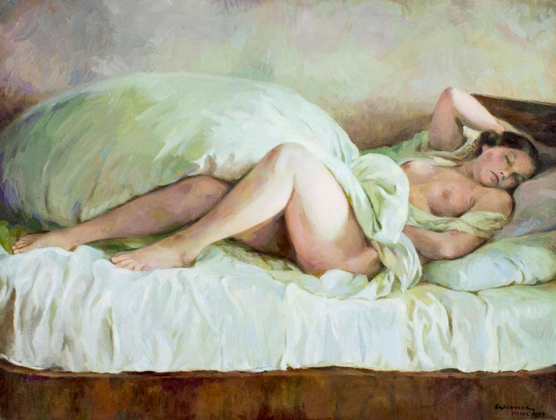 Fritz Werner (CA,NY,Austria,1898-1994) oil painting: ARTIST: Fritz Werner (California, New York, Austrian, 1898 - 1994) TITLE: Nude - Sleeping Nude (titled on stretcher) YEAR: 1977 MEDIUM: oil on canvas CONDITION: Very good. No visible inpaint under UV