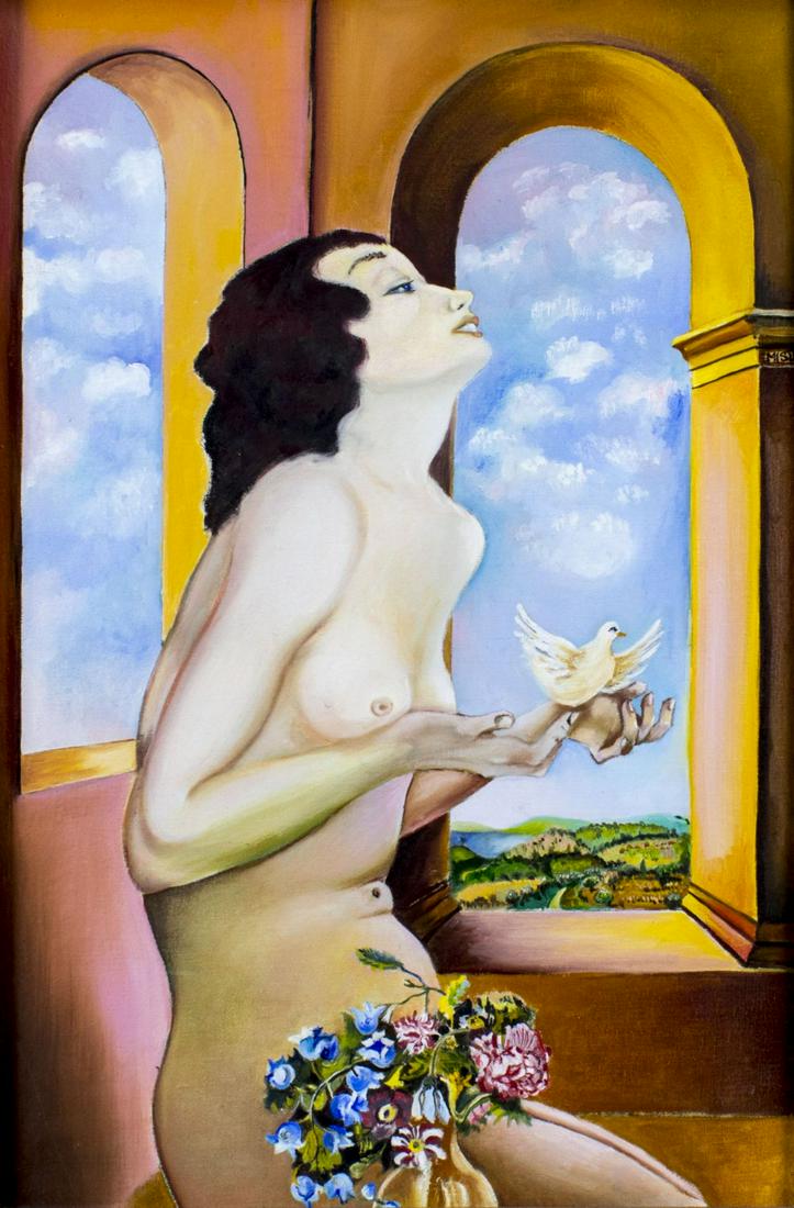 Misia Broadhead (DC,VA,b 1957) oil painting: ARTIST: Misia Broadhead (District of Colombia, Virginia, born 1957) NAME: Nude - Longing YEAR: 1989 MEDIUM: oil on canvas CONDITION: Very good. No visible inpaint under UV light. SIGHT SIZE: 19 x 13 i