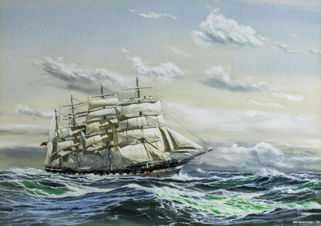 James Griffiths (IL,b 1947) watercolor painting: ARTIST: James Griffiths (Illinois, born 1947) NAME: Sail Ship - Port Jackson (titled on verso) YEAR: 1977 MEDIUM: watercolor on paper CONDITION: Very good. Framed under glass. SIGHT SIZE: 19 x 26 inch