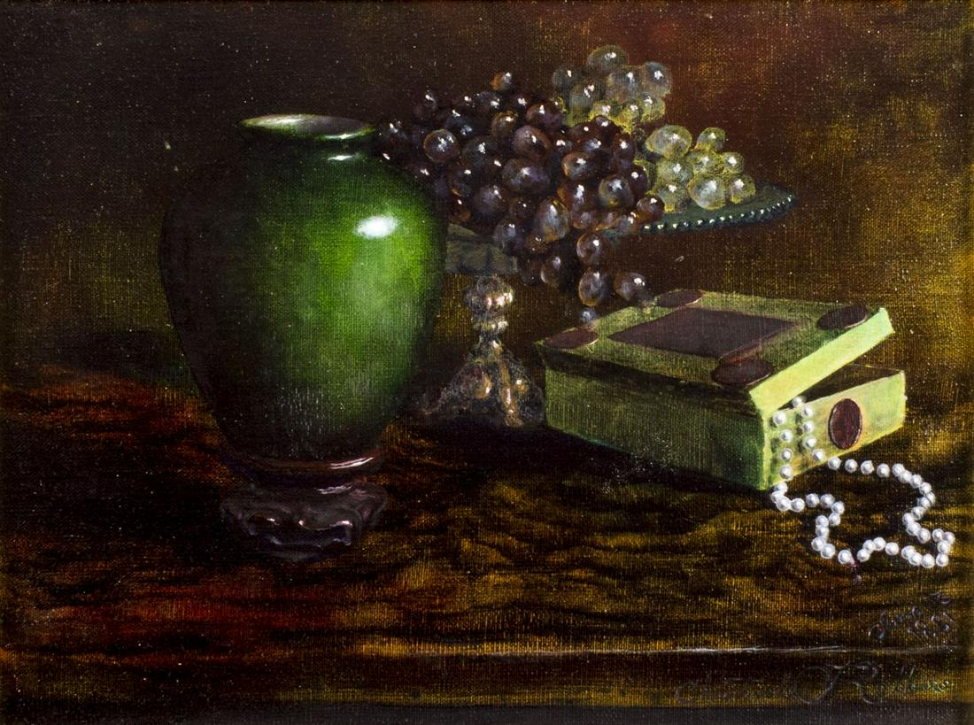 Christopher Robbins (PA,b 1958) oil painting: ARTIST: Christopher Robbins (Pennsylvania, born 1958) NAME: Still Life with Vase and Jewelry Box MEDIUM: oil on canvas CONDITION: Very good. No visible inpaint under UV light. SIGHT SIZE: 12 x 16 inch