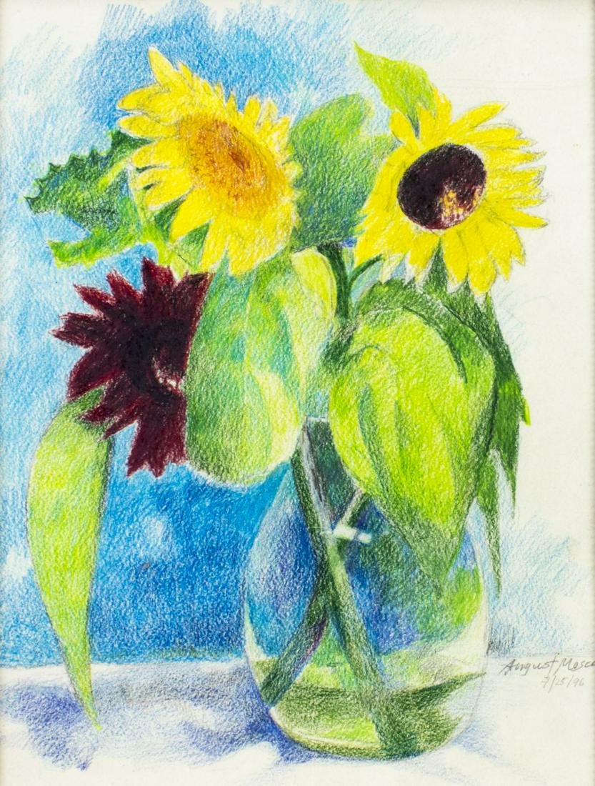 August Mosca (CN,NY,Italy,1909-2002) colored pencil painting: ARTIST: August Mosca (Connecticut, New York, Italian, 1909 - 2002) TITLE: Still Life with Vase of Flowers YEAR: 1996 MEDIUM: colored pencil on paper CONDITION: Very good. Framed under glass. ART SIZE: