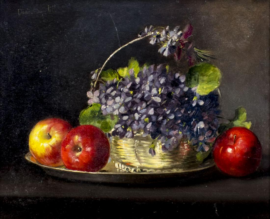Doria Santilli (Argentina,1902-1982) oil painting: ARTIST: Doria Santilli (Argentinian, 1902 - 1982) NAME: Still Life with Flowers and Apples MEDIUM: oil on board CONDITION: Missing a few flakes of paint. No visible inpaint under UV light. Wear to fra