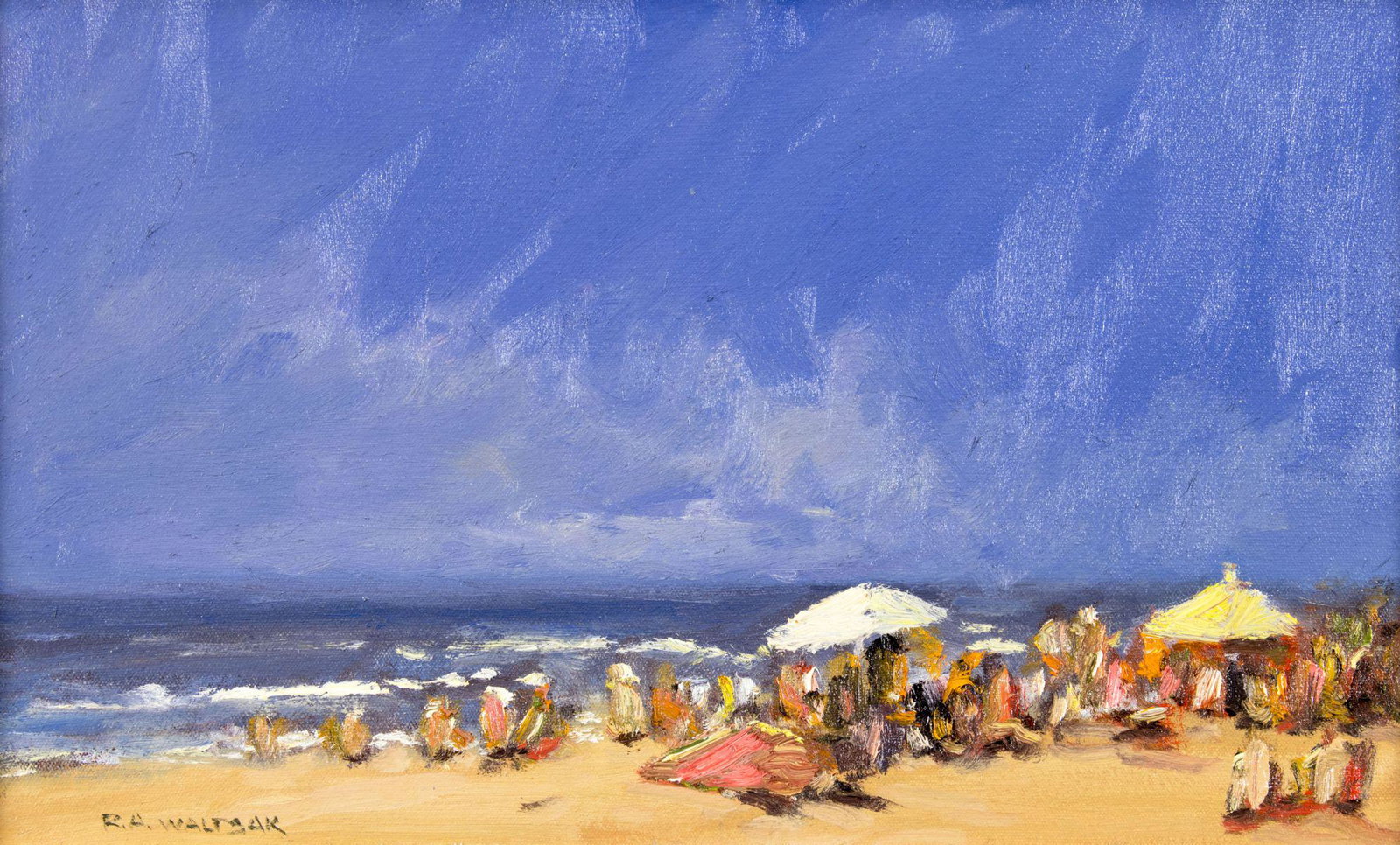 Robert Waltsak (NJ,b 1944) oil painting: ARTIST: Robert Alan Waltsak (New Jersey, born 1944) TITLE: Beach Scene MEDIUM: oil on canvas CONDITION: Very good. No visible inpaint under UV light. ART SIZE: 12 x 20 inches / 30 x 50 cm FRAME SIZE: 