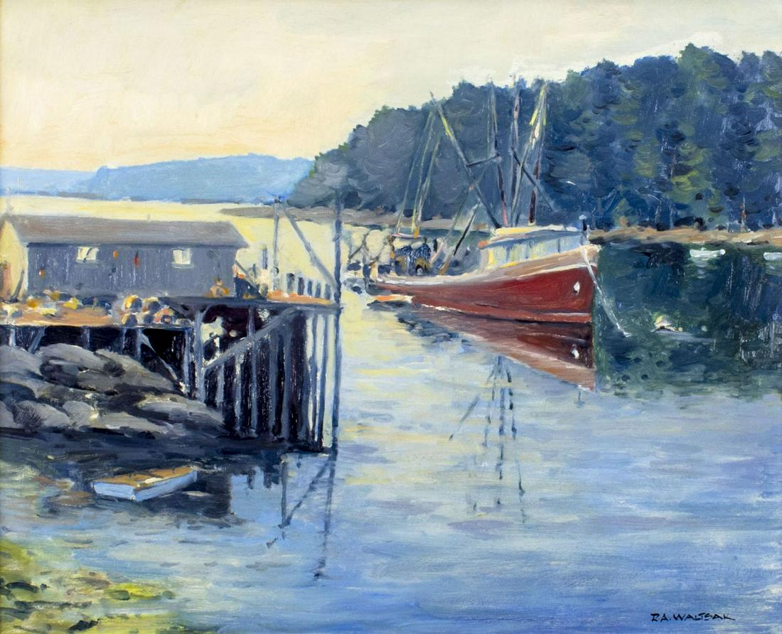 Robert Waltsak (NJ,b 1944) oil painting: ARTIST: Robert Alan Waltsak (New Jersey, born 1944) TITLE: Harbor Scene MEDIUM: oil on board CONDITION: Very good. No visible inpaint under UV light. ART SIZE: 16 x 20 inches / 40 x 50 cm FRAME SIZE:
