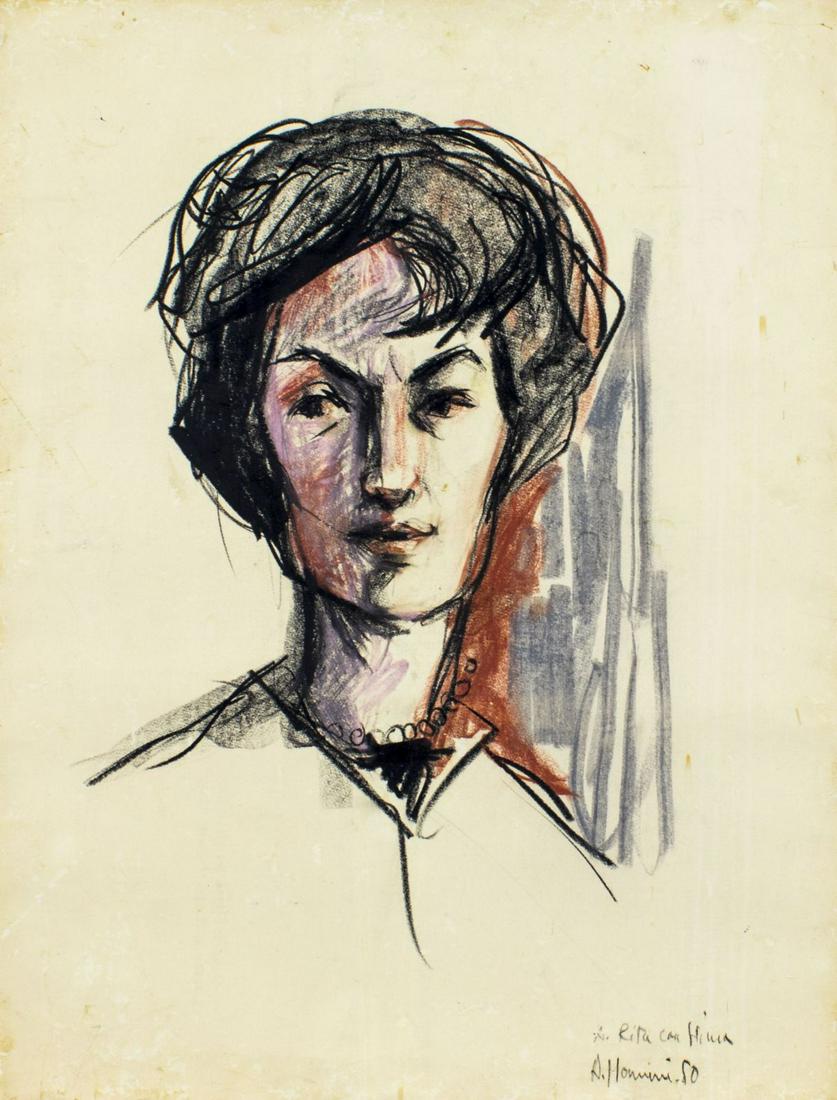 Alvaro Monnini (Italy,1922-1987) pastel painting: ARTIST: Alvaro Monnini (Italian, 1922-1987) NAME: Portrait of Woman MEDIUM: pastel on paper. Paper applied to canvas. CONDITION: Some age toning. Some minor scratches. SIGHT SIZE: 25 x 19 inches / 63