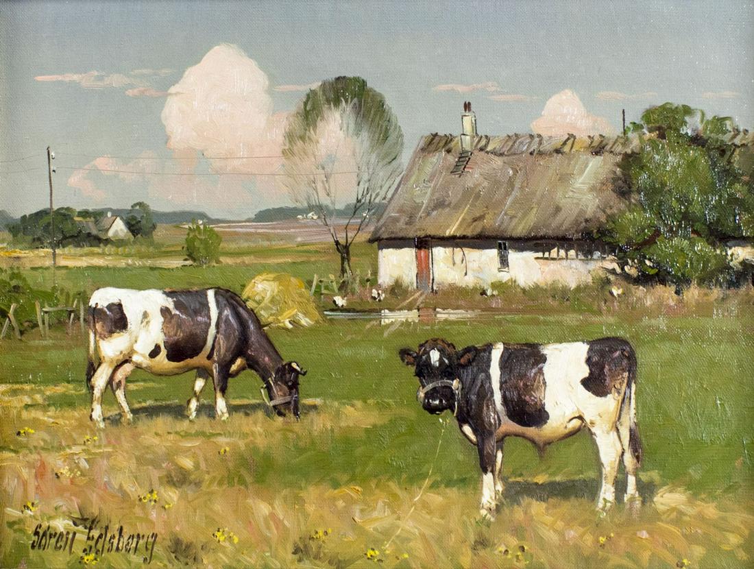 Soren Edsberg (Denmark,1945-2021) oil painting: ARTIST: Soren Edsberg (Danish, 1945 - 2021) TITLE: Country Landscape with Cows MEDIUM: oil on board CONDITION: Very good. No visible inpaint under UV light. Minor damages to frame. ART SIZE: 12 x 16 i