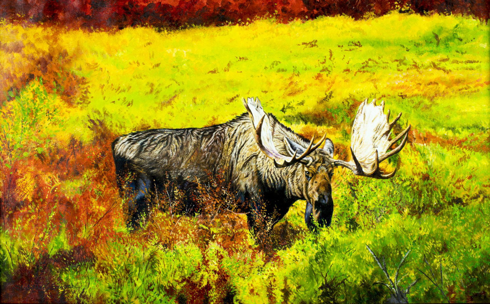 Dharbinder Bamrah (FL,UK,1965-2007) oil painting: ARTIST: Dharbinder Singh Bamrah (Florida, England, 1965 - 2007) NAME: Moose MEDIUM: oil on canvas CONDITION: Excellent. No visible inpaint under UV light. SIGHT SIZE: 16 x 26 inches / 40 x 65 cm FRAME