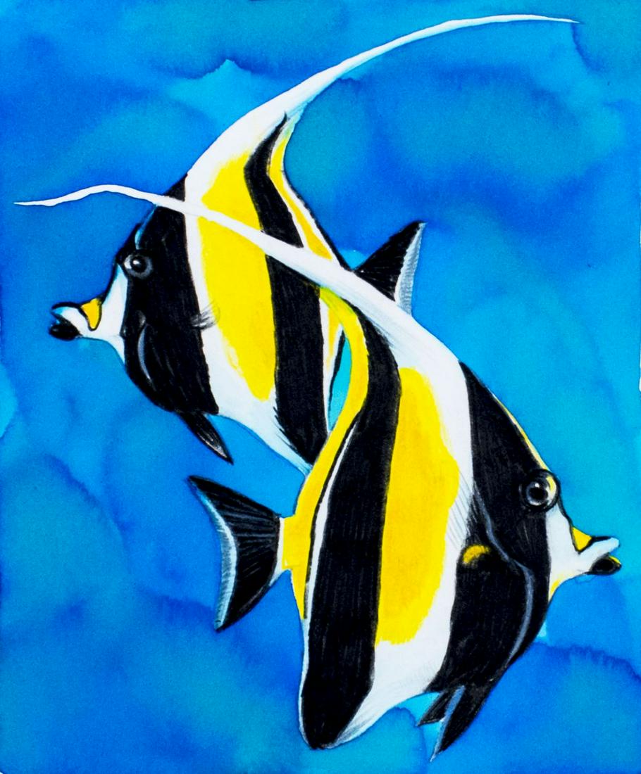 Chris Calle (US,b 1961) mixed media painting: ARTIST: Chris Calle (American, born 1961) NAME: Angelfish YEAR: 1999 MEDIUM: mixed media on board CONDITION: Excellent. SIGHT SIZE: 8 x 7 inches / 20 x 17 cm BOARD SIZE: 13 x 12 inches / 33 x 30 cm SI