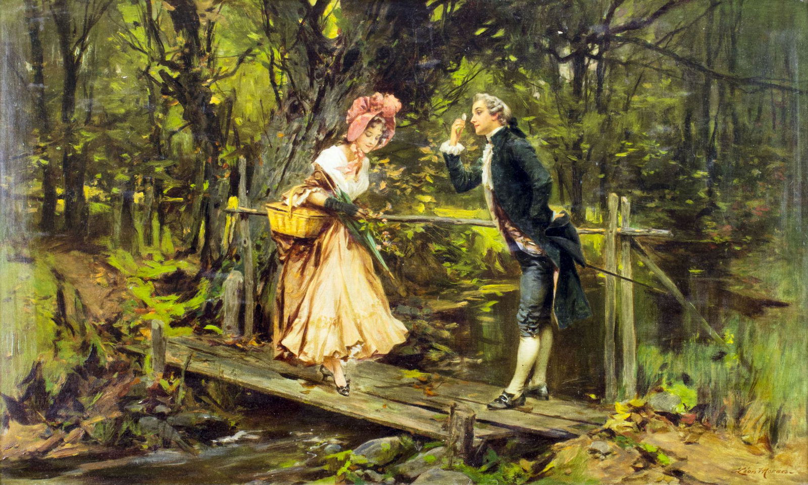 Leon Moran (PA,NJ,1864-1941) oil painting antique: ARTIST: John Leon Moran (Pennsylvania, New Jersey, 1864 - 1941) NAME: Couple on the Bridge MEDIUM: oil on canvas. Canvas applied to board. CONDITION: Missing a few flakes of paint. No visible inpaint