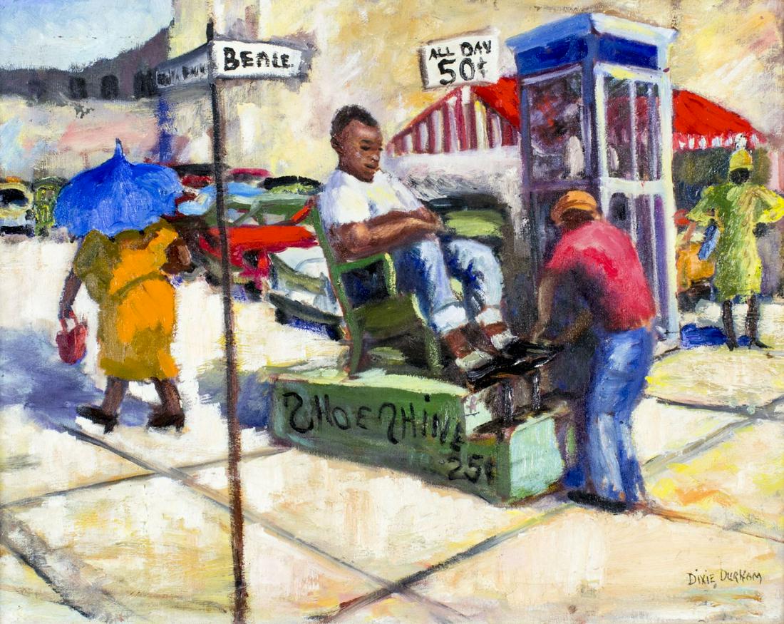 Dixie Hampson Durham (AR,VA,1913-2010) oil painting: ARTIST: Dixie Hampson Durham (Arkansas, Virginia, 1913 - 2010) NAME: Memphis Street Scene MEDIUM: oil on canvas CONDITION: Missing a few flakes of paint. Minor craquelure. No visible inpaint under UV 