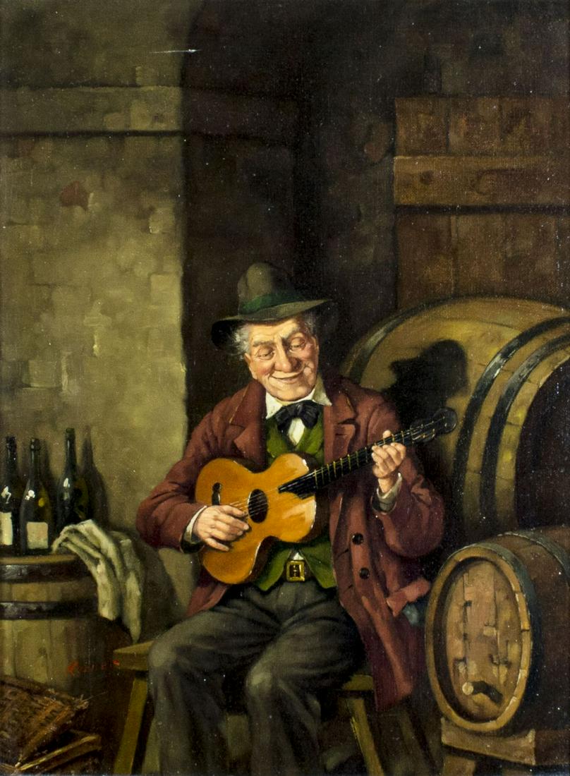 Hans Kerner (Austria,1919-?) oil painting: ARTIST: Hans Kerner (Austrian, 1919 - ???) NAME: Guitar Player MEDIUM: oil on canvas CONDITION: One 1" scratch along upper edge. No visible inpaint under UV light. Wear to frame. SIGHT SIZE: 16 x 12 i