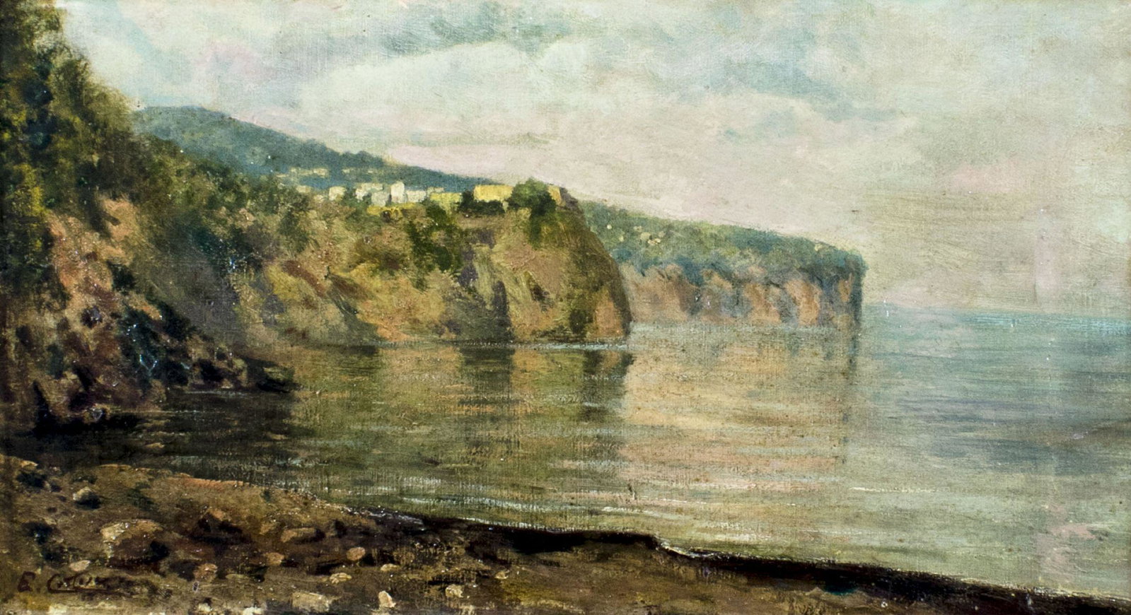 Edoardo Cortese (Italy,1856-1918) oil painting antique: ARTIST: Edoardo Cortese (Italian, 1856 - 1918) TITLE: Coastal Landscape MEDIUM: oil on canvas CONDITION: Very minor craquelure. Few small scattered inpaintings. ART SIZE: 8 x 15 inches / 20 x 38 cm FR