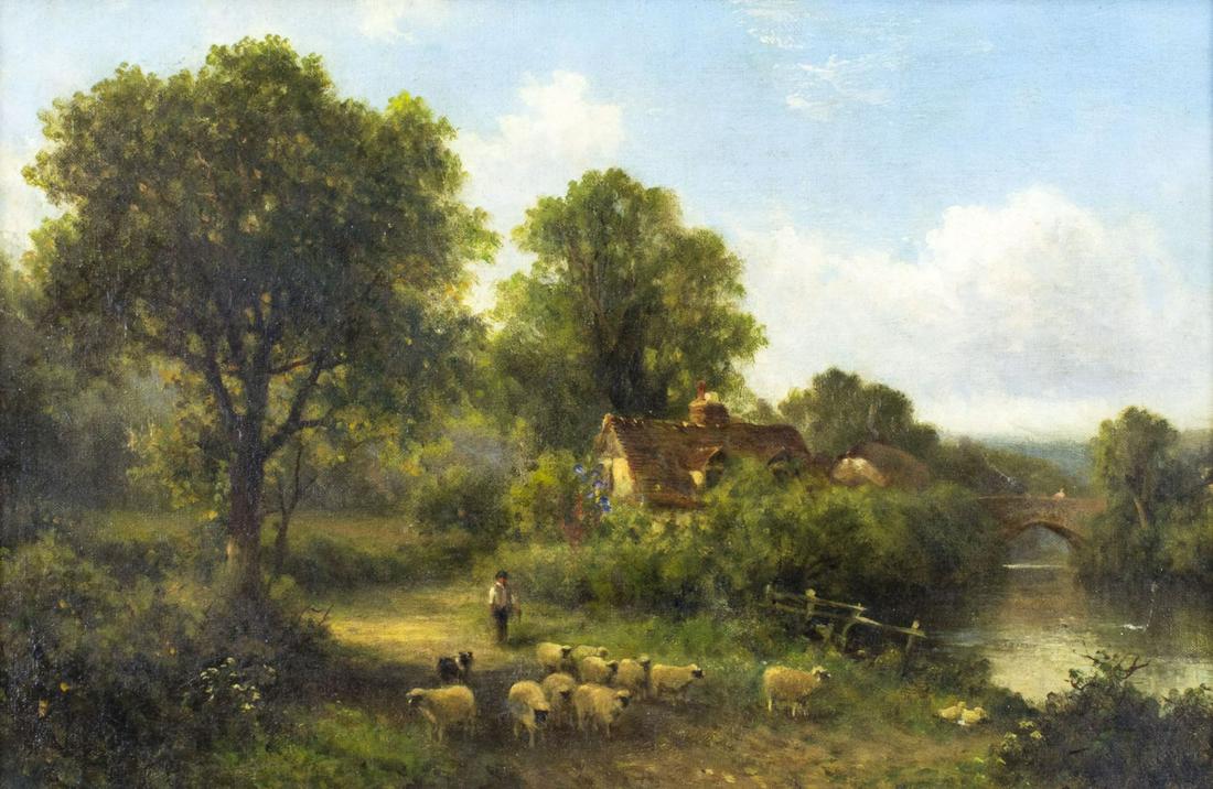 Antique 19C European oil painting: ARTIST: - (Europe, 19 century) TITLE: Country Landscape MEDIUM: oil on canvas CONDITION: Restretched on a new stretcher bars. Scratch in lower right corner. Minor craquelure. Few small scattered inpai