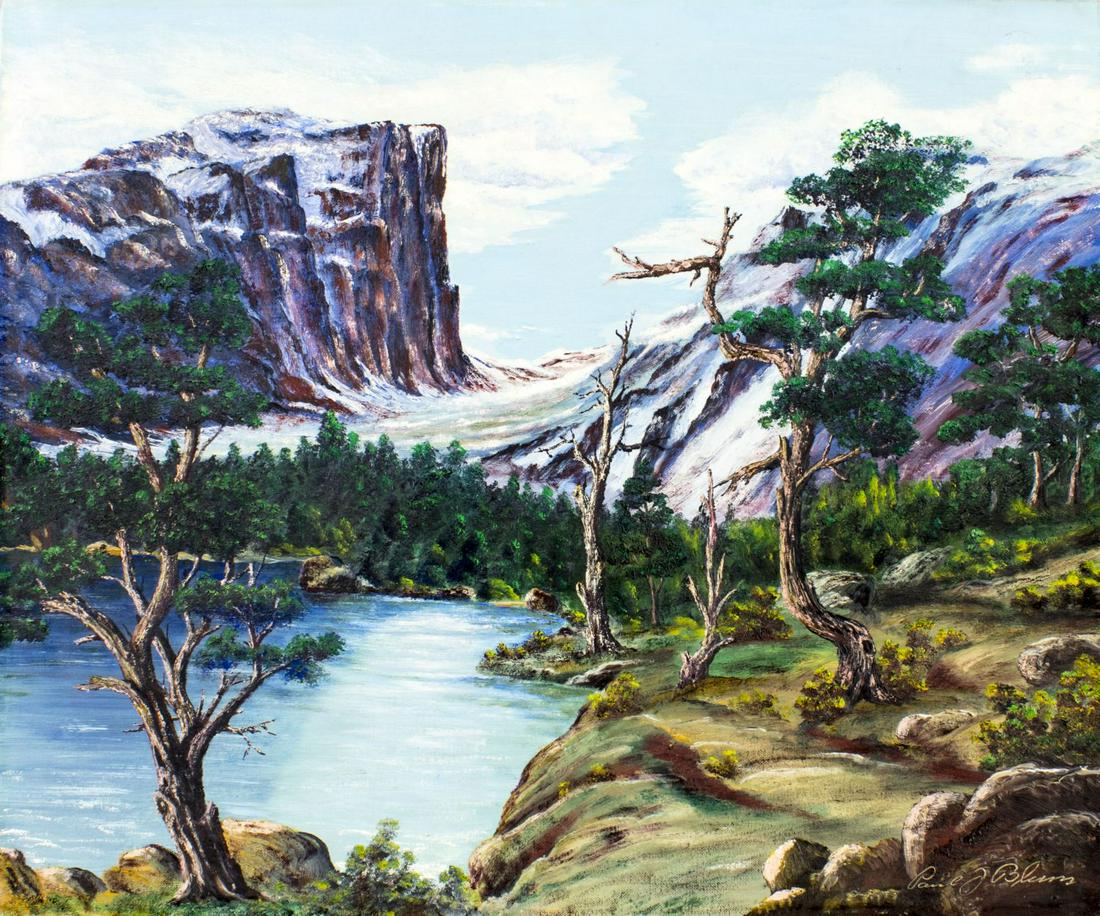 Paul J Blum (AZ,mid 20C) oil painting: ARTIST: Paul J Blum (Arizona, mid 20 century) TITLE: Landscape - Dream Lake, CO (titled on verso) YEAR: 1968 MEDIUM: oil on canvas board CONDITION: Very good. No visible inpaint under UV light. ART SI