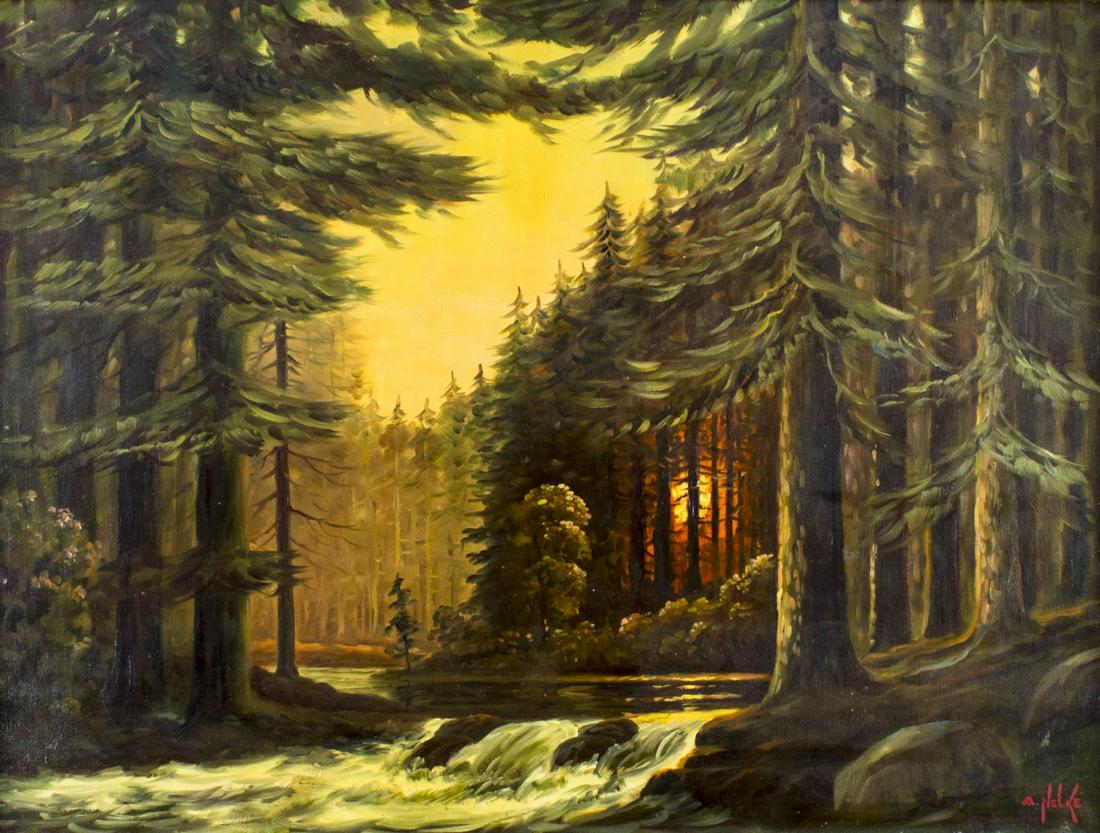 Alexander Nelke (NY,SC,Estonia,1894-1974) oil painting: ARTIST: Alexander Nelke (New York, South Carolina, Estonian, 1894 - 1974) TITLE: Waterfall Landscape MEDIUM: oil on canvas CONDITION: Very good. No visible inpaint under UV light. ART SIZE: 30 x 40 in