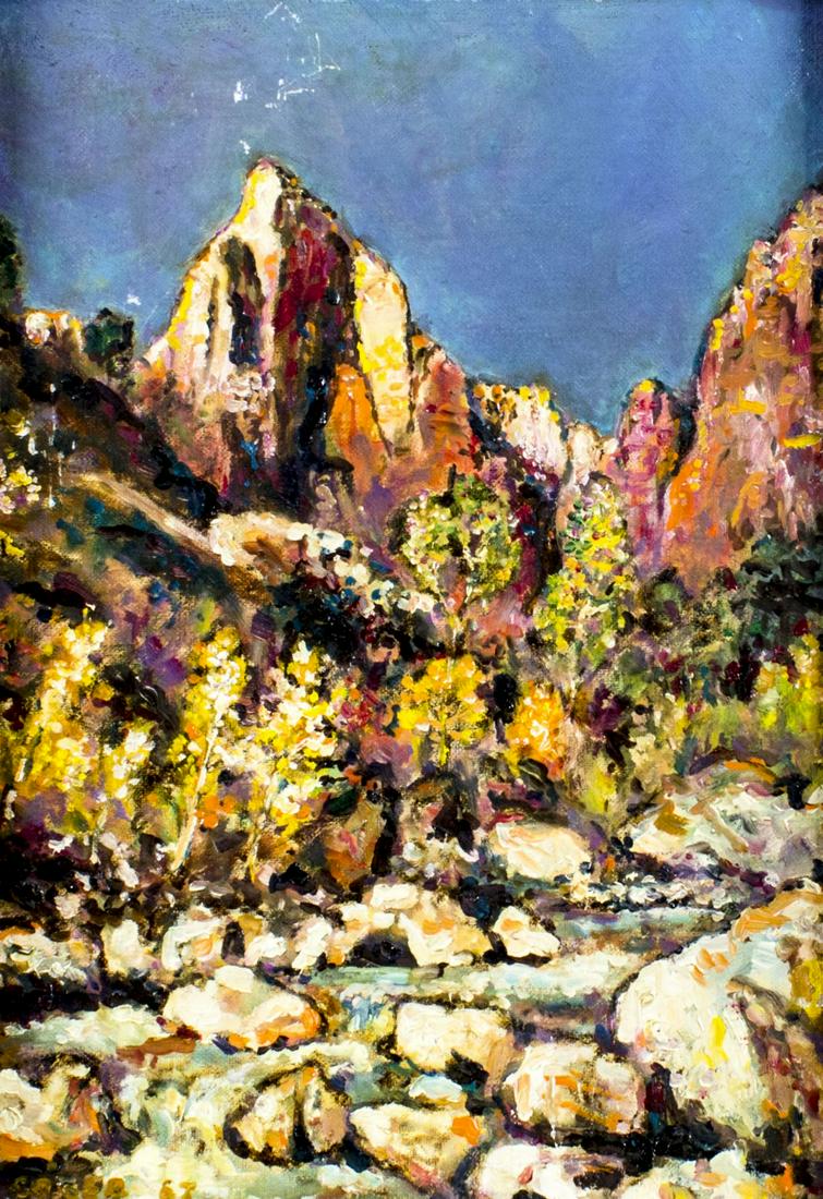 James Coker (US,mid 20C) oil painting: ARTIST: James Coker (American, mid 20 century) TITLE: Landscape - Zion Canyon, Utah (titled on verso) YEAR: 1967 MEDIUM: oil on board CONDITION: Some scratches in upper left quadrant. No visible inpai