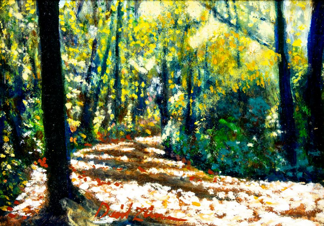 David Zimmerman (NC,b 1946) oil painting 126384: ARTIST: David Zimmerman (North Carolina, born 1946) TITLE: Landscape - Pathlight Prima (titled on label) YEAR: 1998 MEDIUM: oil on board CONDITION: Very good. No visible inpaint under UV light. ART SI