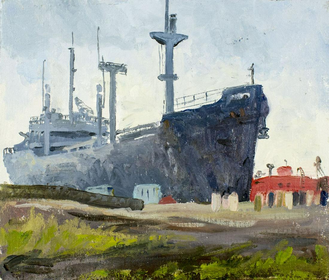 William A Drake (Canada,1891-1979) oil painting: ARTIST: William Alexander Drake (Canadian, 1891 - 1979) NAME: Harbor Scene with Large Ship MEDIUM: oil on canvas. Canvas applied to board. CONDITION: Very good. No visible inpaint under UV light. SIGH