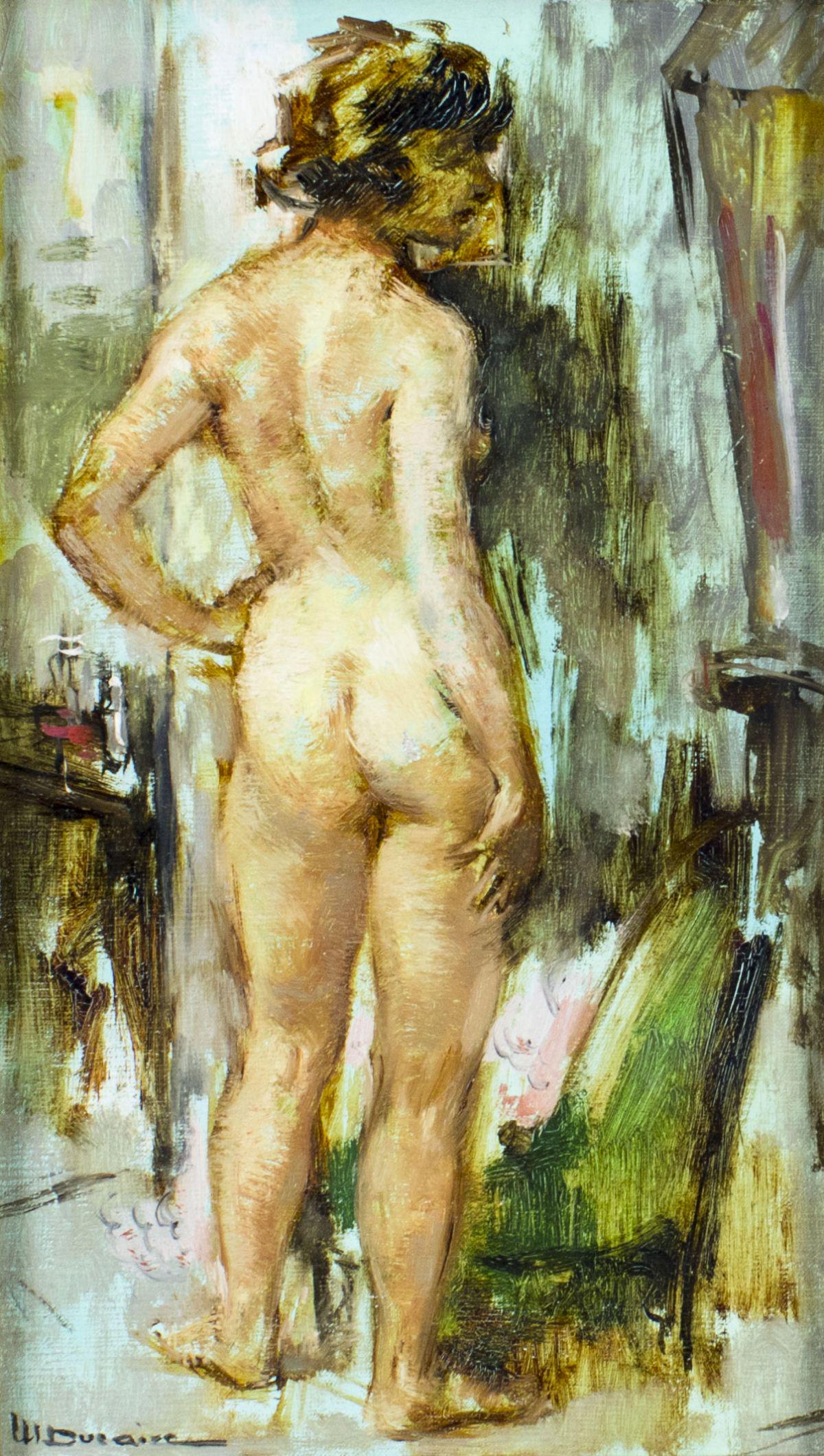Maryse Ducaire Rogue (French,1911-1992) oil painting: ARTIST: Maryse Ducaire Rogue (France, 1911 - 1992) NAME: Nude MEDIUM: oil on canvas CONDITION: Missing one flake of paint. No visible inpaint under UV light. Wear to frame. SIGHT SIZE: 10 1/2 x 6 inch