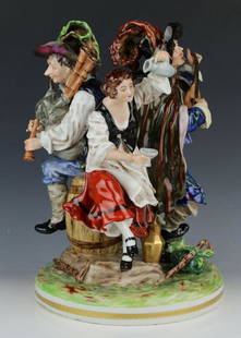 Rudolstadt Ernst Bohne Sohne Figurine "Dancing Trio": MANUFACTURE: Rudolstadt Ernst Bohne Sohne (GERMANY) NAME: Dancing Trio CONDITION: One finger and tip of lute were restored. HEIGHT: 11 1/2 inch / 29 cm WIDTH: 8 1/2 inch / 21 cm DEEP: 8 inch / 20 cm C