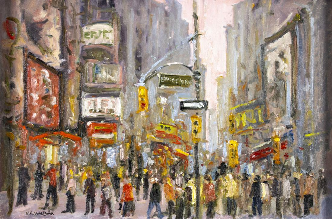 Robert Waltsak (NJ,b 1944) oil painting: ARTIST: Robert Alan Waltsak (New Jersey, born 1944) TITLE: Broadway Street Scene MEDIUM: oil on board CONDITION: Very good. No visible inpaint under UV light. ART SIZE: 16 x 24 inches / 40 x 60 cm FRA