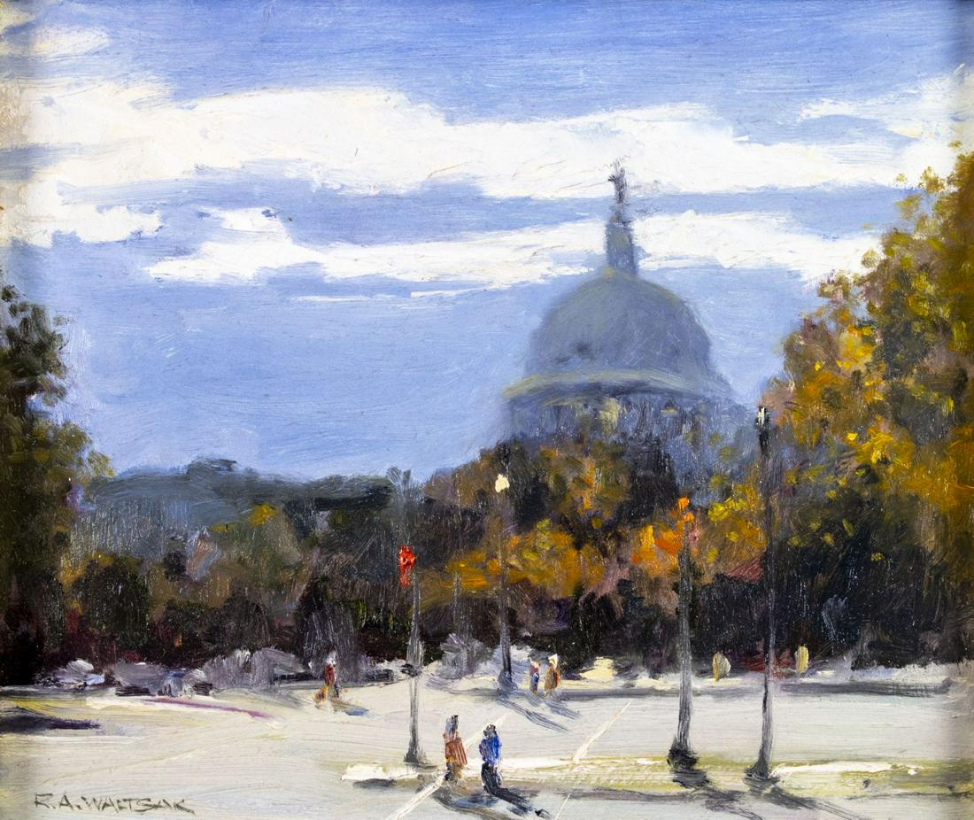 Robert Waltsak (NJ,b 1944) oil painting: ARTIST: Robert Alan Waltsak (New Jersey, born 1944) TITLE: Cityscape MEDIUM: oil on board CONDITION: Very good. No visible inpaint under UV light. ART SIZE: 12 x 14 inches / 30 x 35 cm FRAME SIZE: 16 