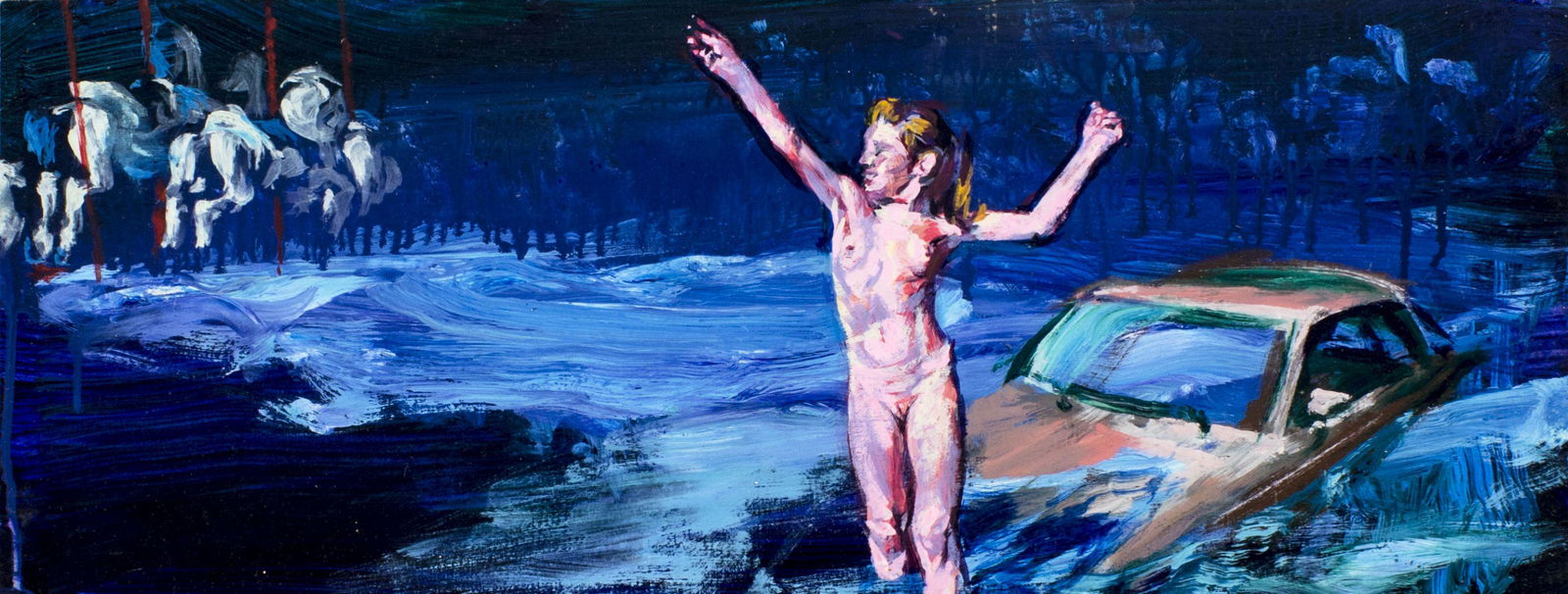 Don Doe (OH,NY,b 1963) oil painting: ARTIST: Don Doe (Ohio, New York, born 1963) TITLE: Flood No 44 (titled on verso) YEAR: 1994 MEDIUM: oil on canvas CONDITION: Very good. No visible inpaint under UV light. ART SIZE: 10 x 26 inches / 25