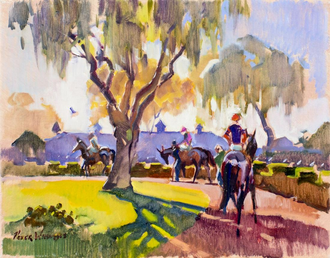Peter Williams (NY,New Zealand,1934-2018) oil painting: ARTIST: Peter Williams (New York, New Zealand, 1934 - 2018) TITLE: Woodbine Paddock MEDIUM: oil on canvas CONDITION: Very good. No visible inpaint under UV light. ART SIZE: 14 x 18 inches / 35 x 45 cm