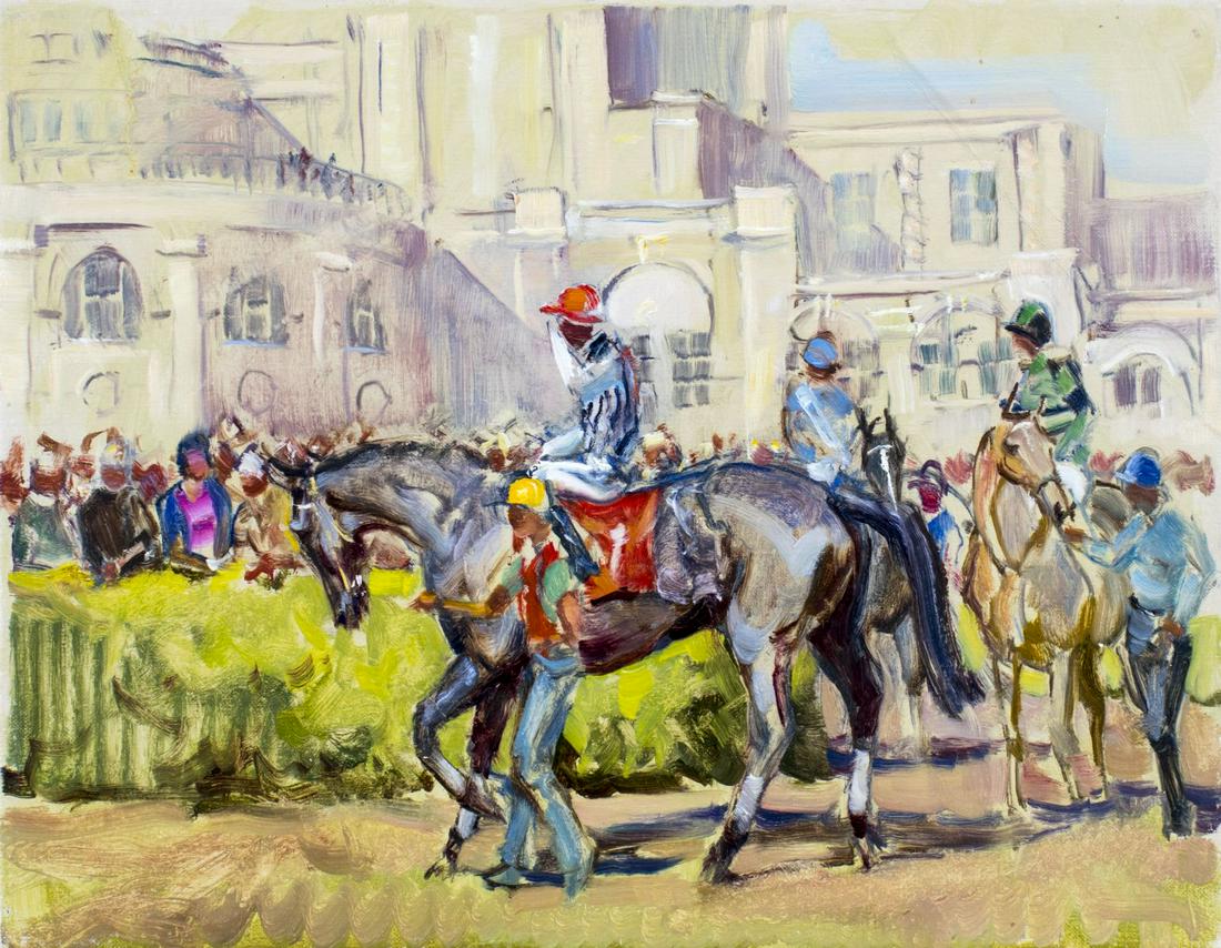 Peter Williams (NY,New Zealand,1934-2018) oil painting: ARTIST: Peter Williams (New York, New Zealand, 1934 - 2018) TITLE: Number 1 Churchill Paddock MEDIUM: oil on canvas CONDITION: 3 crease lines. No visible inpaint under UV light. ART SIZE: 14 x 18 inch