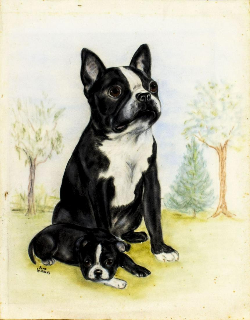 June Witthans Henke (MN,20C) pastel painting: ARTIST: June Witthans Henke (Minnesota, 20 century) TITLE: Bull Dog and Puppy MEDIUM: pastel on paper CONDITION: Minor foxing. ART SIZE: 17 x 13 inches / 43 x 33 cm FRAME SIZE: unframed (In-House fram