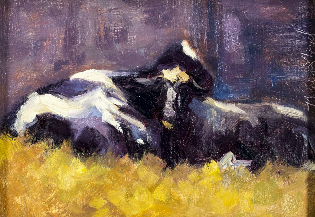 Nancy Lloyd (CA,AL,20/21C) oil painting: ARTIST: Nancy Lloyd (California,Alabama, 20/21 century) NAME: Behind the Barn (titled on verso) YEAR: 2002 MEDIUM: oil on canvas board CONDITION: Very good. No visible inpaint under UV light. SIGHT SI