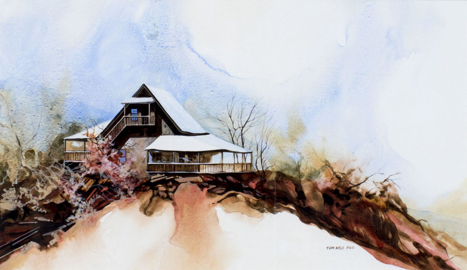 Tom Hale (MI,b 1941) watercolor painting: ARTIST: Tom Hale (Michigan, born 1941) NAME: Landscape with Chalet MEDIUM: watercolor on paper CONDITION: Excellent. Framed under glass. SIGHT SIZE: 11 x 19 inches / 27 x 48 cm FRAME SIZE: 18 x 26 inc