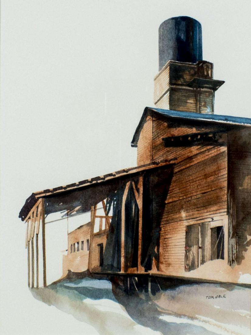 Tom Hale (MI,b 1941) watercolor painting: ARTIST: Tom Hale (Michigan, born 1941) NAME: Cityscape MEDIUM: watercolor on paper CONDITION: Excellent. Framed under glass. SIGHT SIZE: 12 x 9 inches / 30 x 22 cm FRAME SIZE: 18 x 15 inches / 45 x 38
