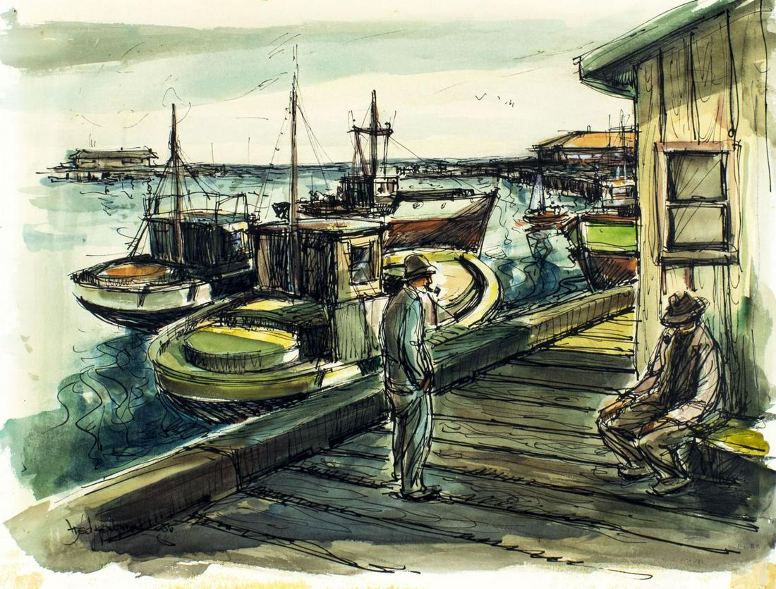 Fred Korburg (CA,Denmark,1896-1986) watercolor painting: ARTIST: Fred Korburg (California, Danish, 1896 - 1986) NAME: Harbor Scene YEAR: 1956 MEDIUM: watercolor on board CONDITION: Very good. Some age toning. SIGHT SIZE: 15 x 19 inches / 38 x 48 cm FRAME SI