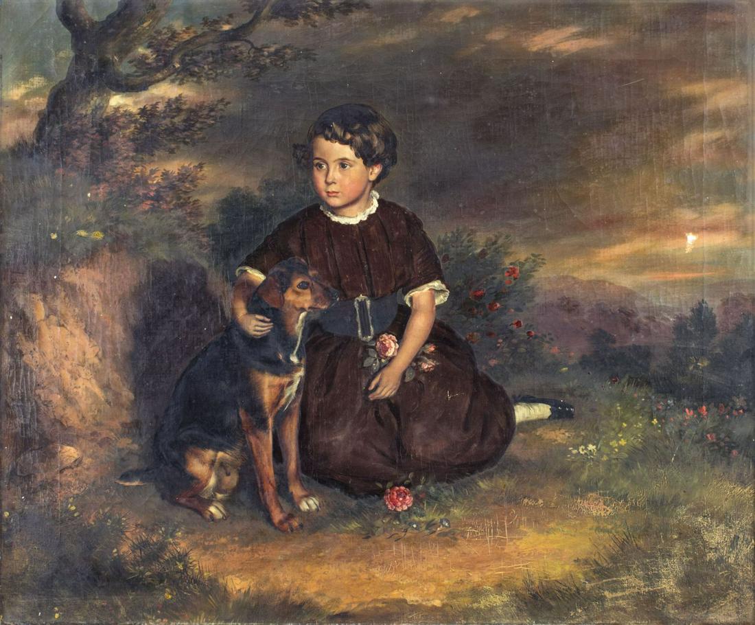 Antique 19C British oil painting: ARTIST: - (British, 19 century) NAME: Girl with Dog MEDIUM: oil on canvas CONDITION: One patch. Few scrathes/paint losses. Some craquelure. No visible inpaint under UV light. SIGHT SIZE: 24 x 29 inche