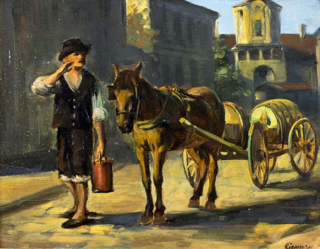 Antique early 20C Hungarian oil painting: ARTIST: - (Hungary, early 20 century) NAME: Water Carrier MEDIUM: oil on board CONDITION: Board has two horizontal cracks by the right edge. No visible inpaint under UV light. Some damages to frame. S