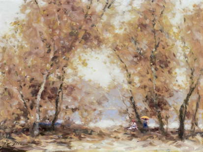 Andre Gisson (French,NY,CT,1921-2003) oil painting: ARTIST: Andre Gittelson Gisson (New York, Connecticut, France, 1921 - 2003) TITLE: Autumn Landscape with Figures MEDIUM: oil on canvas CONDITION: Very good. No visible inpaint under UV light. ART SIZE