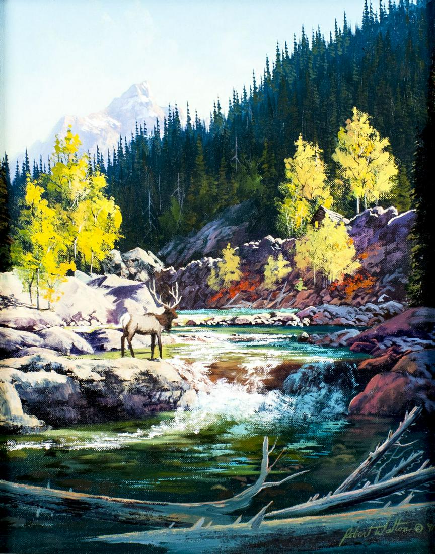 Robert Walton (WA,MT,1934-2019) oil painting: ARTIST: Robert Lee Walton (Washington, Montana, 1934 - 2019) TITLE: River Landscape with Deer - North Fork Flathead River, Montana (titled on verso) YEAR: 1991 MEDIUM: oil on canvas board CONDITION: V