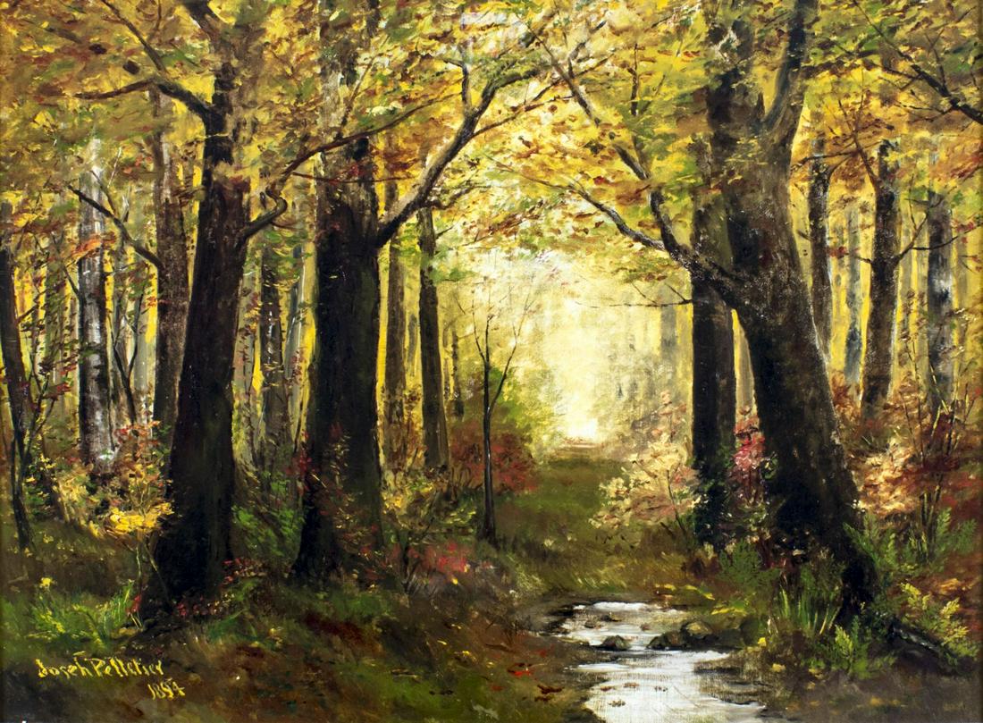 ATTRIB Joseph Pelletier (France,1811-1892) oil painting antique: ARTIST: ATTRIBUTED TO Joseph Laurent Pelletier (French, 1811 - 1892) TITLE: Forest Landscape YEAR: 1894 MEDIUM: oil on canvas. Canvas applied to board. CONDITION: Very good. No visible inpaint under U