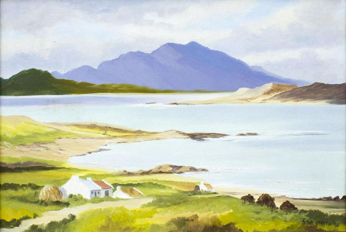 Elma Smith (Ohio,20C) oil painting: ARTIST: Elma Smith (Ohio, 20 century) TITLE: Landscape near Roundstone Connemara (titled on verso) YEAR: 1990 MEDIUM: oil on canvas CONDITION: Very good. No visible inpaint under UV light. ART SIZE: 1