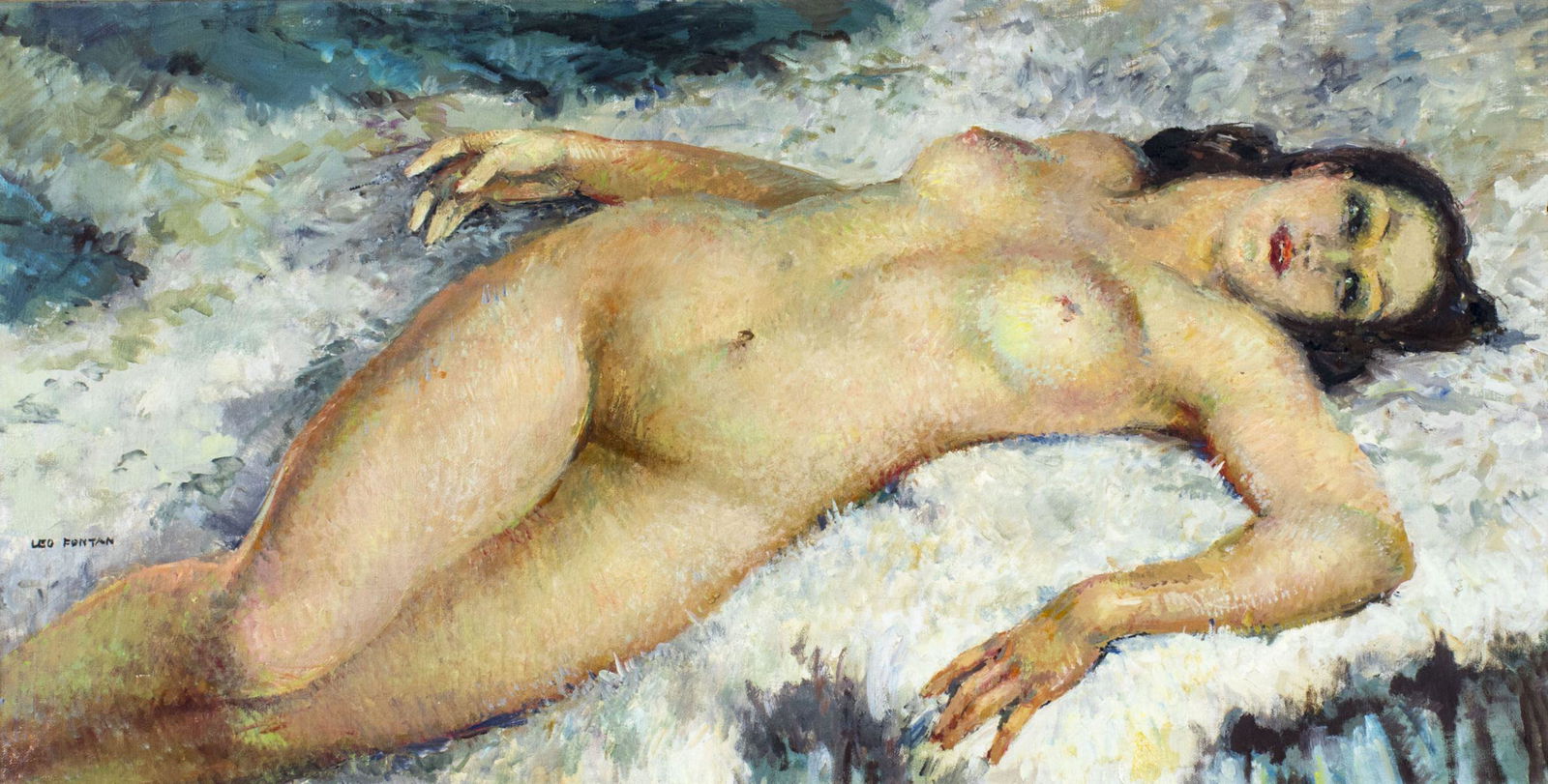 Leo Fontan (French,1884-1965) oil painting: ARTIST: Leo Fontan (France, 1884 - 1965) NAME: Reclining Nude MEDIUM: oil on canvas CONDITION: One puncture. Very minor craquelure. No visible inpaint under UV light. SIGHT SIZE: 20 x 39 inches / 50 x