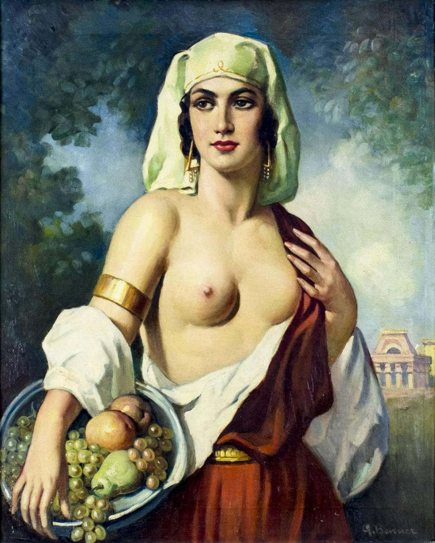 G Benner (US,early 20C) oil painting antique: ARTIST: G Benner (American, early 20 century) TITLE: Semi Nude Woman with Fruits MEDIUM: oil on canvas CONDITION: Few minor paint losses. Some craquelure. No visible inpaint under UV light. Wear to fr