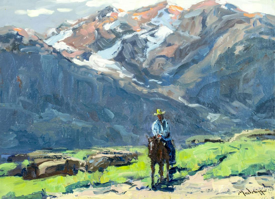 John Modesitt (CA,NY,NM,French,b 1955) oil painting: ARTIST: John Modesitt (California, New York, New Mexico, France, born 1955) TITLE: Sierra Trek (titled on stretcher) YEAR: 2010 MEDIUM: oil on canvas CONDITION: Very good. No visible inpaint under UV