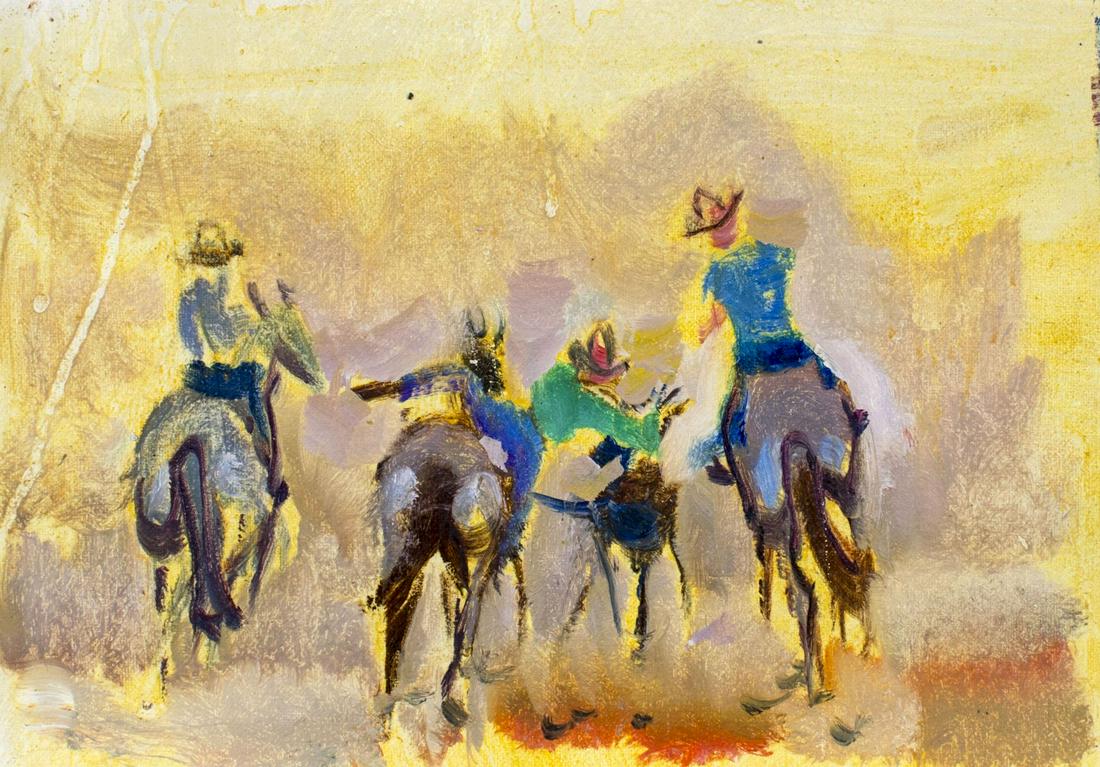 Peter Williams (NY,New Zealand,1934-2018) oil painting: ARTIST: Peter Williams (New York, New Zealand, 1934 - 2018) TITLE: Rodeo Scene MEDIUM: oil on canvas CONDITION: Unmounted. Very good. No visible inpaint under UV light. ART SIZE: 8 x 12 inches / 20 x