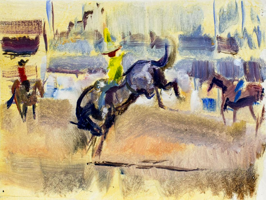 Peter Williams (NY,New Zealand,1934-2018) oil painting: ARTIST: Peter Williams (New York, New Zealand, 1934 - 2018) TITLE: Rodeo Scene MEDIUM: oil on canvas CONDITION: Unmounted. Very good. No visible inpaint under UV light. ART SIZE: 8 x 12 inches / 20 x