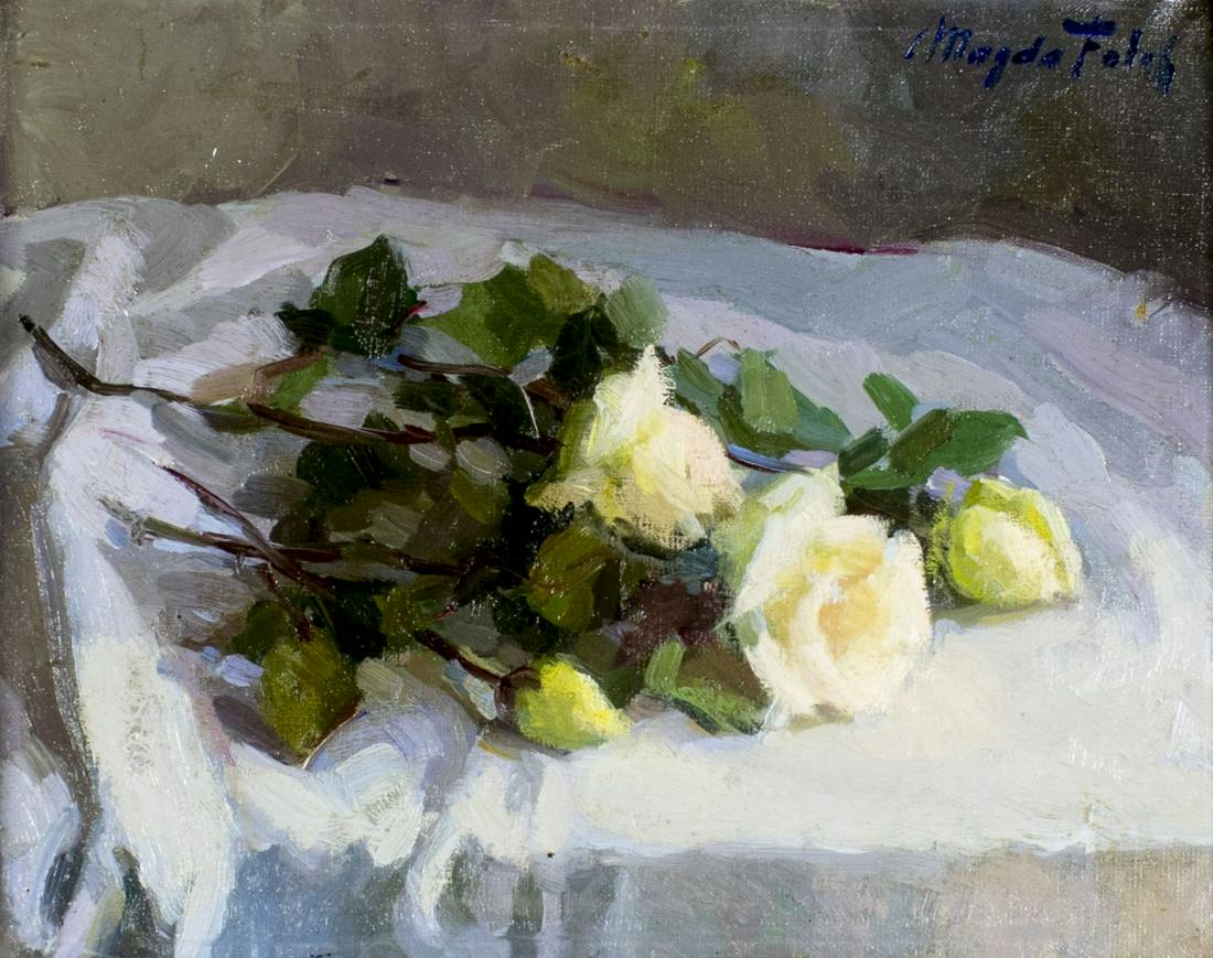 Magda Folch Sole (Spain,1905-1981) oil painting: ARTIST: Magda Folch Sole (Spanish, 1905 - 1981) NAME: Still Life with White Roses MEDIUM: oil on canvas CONDITION: Two punctures repaired with small patches. No visible inpaint under UV light. Minor d