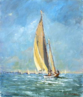 Robert Waltsak (NJ,b 1944) oil painting: ARTIST: Robert Alan Waltsak (New Jersey, born 1944) TITLE: Seascape with Sailing Yacht MEDIUM: oil on canvas. Canvas applied to board. CONDITION: Very good. No visible inpaint under UV light. ART SIZE
