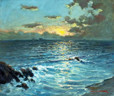 Robert Waltsak (NJ,b 1944) oil painting: ARTIST: Robert Alan Waltsak (New Jersey, born 1944) TITLE: Sunset Seascape MEDIUM: oil on canvas. Canvas applied to board. CONDITION: Very good. No visible inpaint under UV light. ART SIZE: 20 x 24